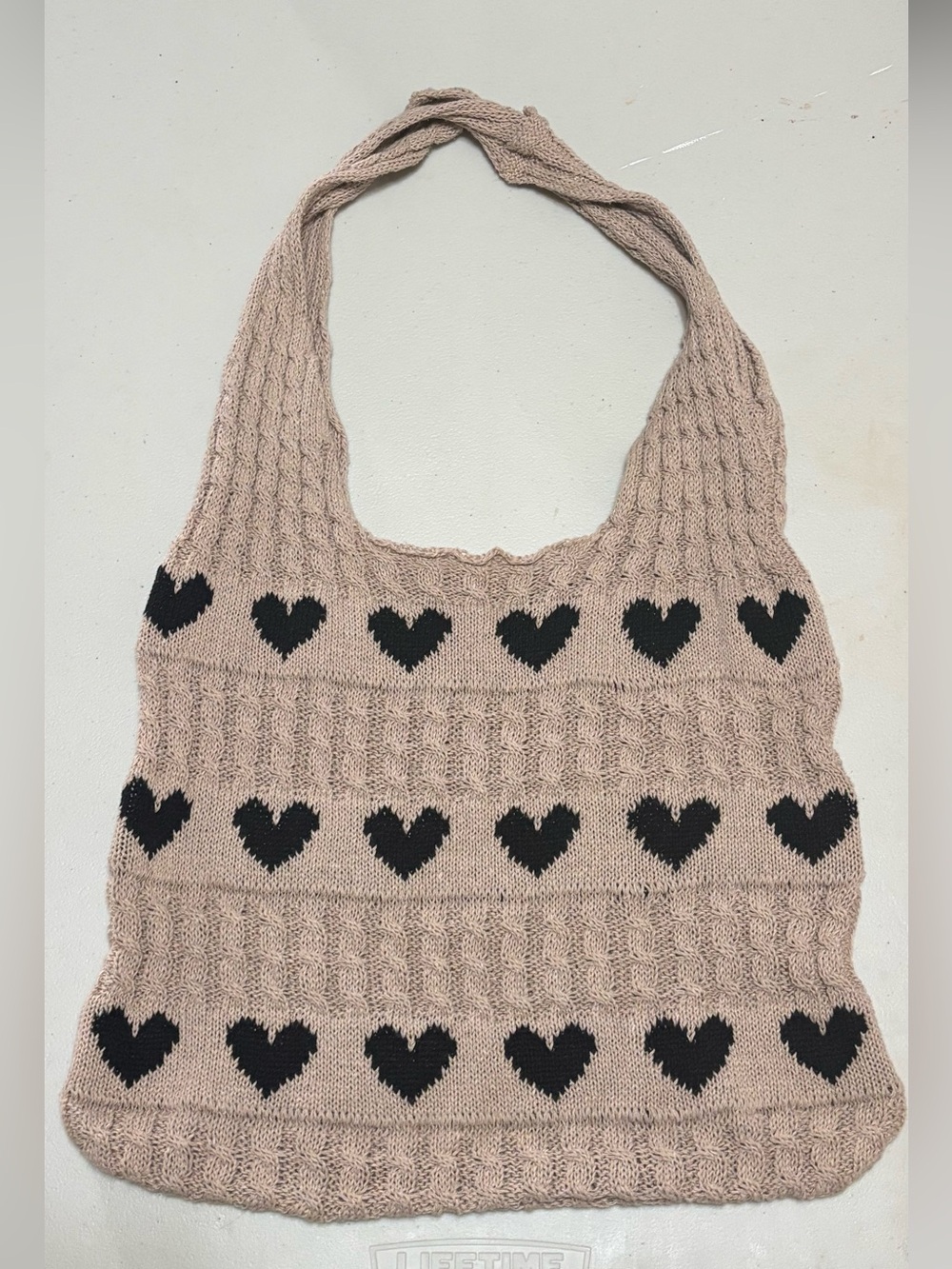 Coquette Knit Heart Tote Bag | Beige & Black Shoulder Bag | Soft Grunge Y2K